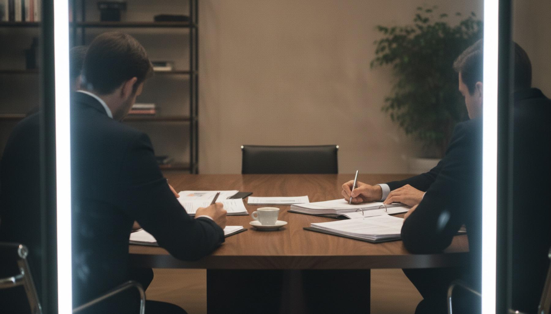Riunione di lavoro vista attraverso la vetrata dello Studio: professionisti al tavolo con bilanci e documenti.